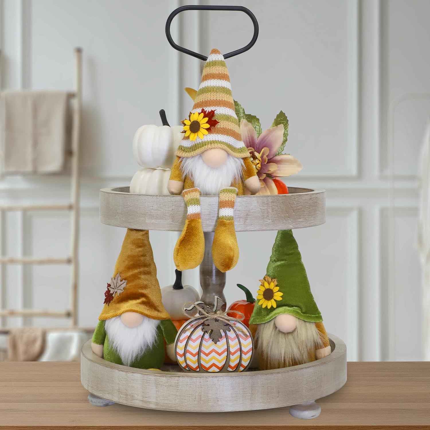 DAZONGE Fall Decor, 3PCS Fall Gnomes Plush for Tiered Tray Decor, Fall Decorations for Home, Fall Leaves and Dangle Legs Gnomes for Fall Thanksgiving Table Decorations