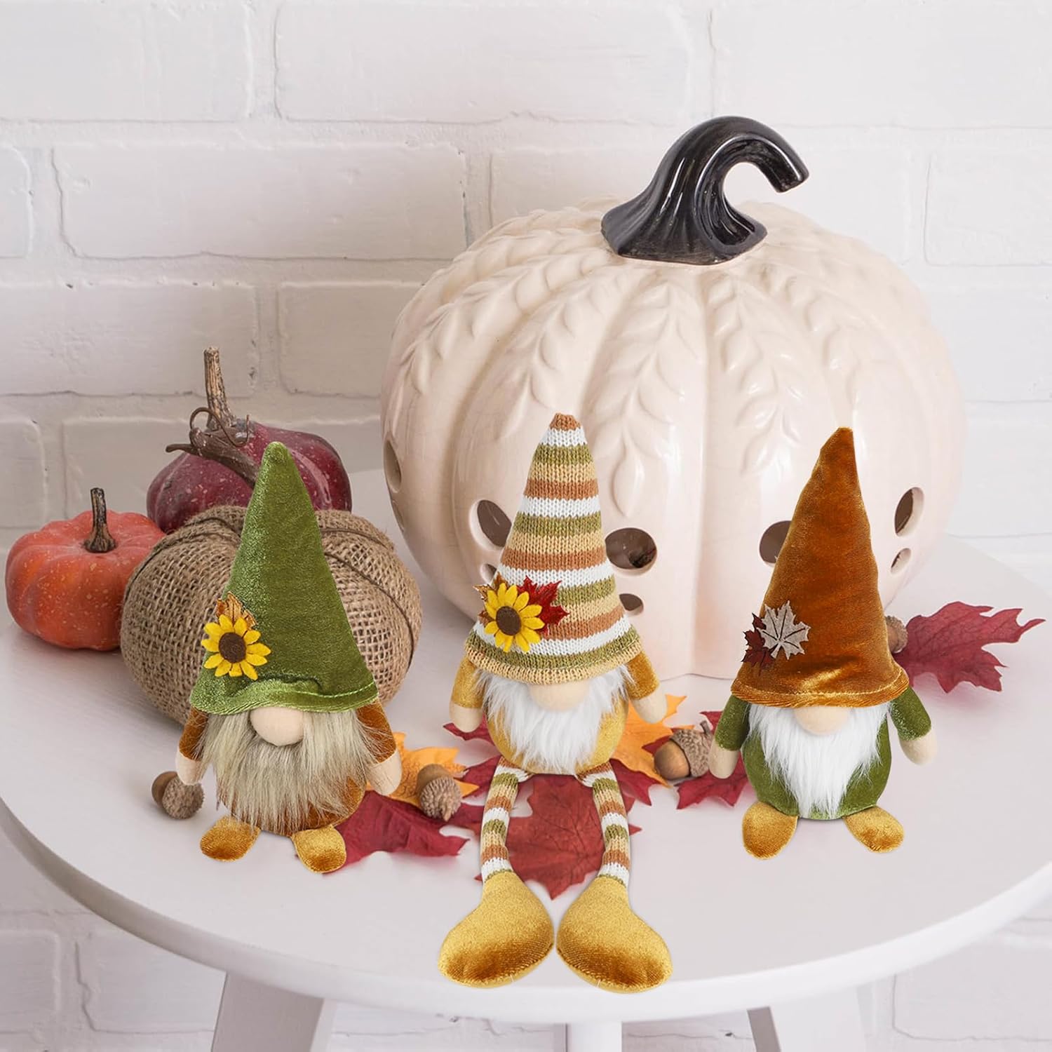 DAZONGE Fall Decor, 3PCS Fall Gnomes Plush for Tiered Tray Decor, Fall Decorations for Home, Fall Leaves and Dangle Legs Gnomes for Fall Thanksgiving Table Decorations