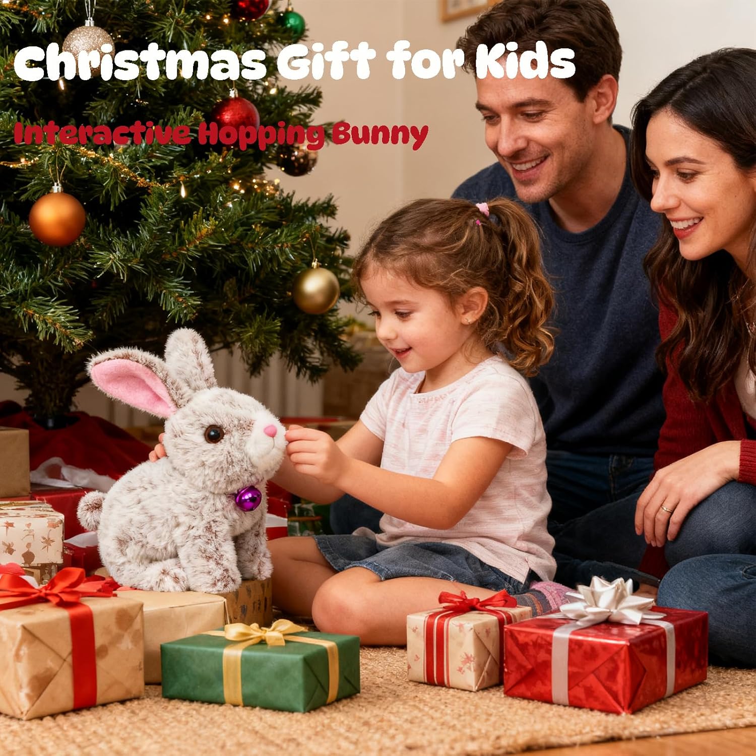 Easfan Hopping Bunny Plush Grey Jumping Spotted Rabbit Ears Nose Moving Educational Plush Toy Interactive Toy Electric for Toddlers Kids