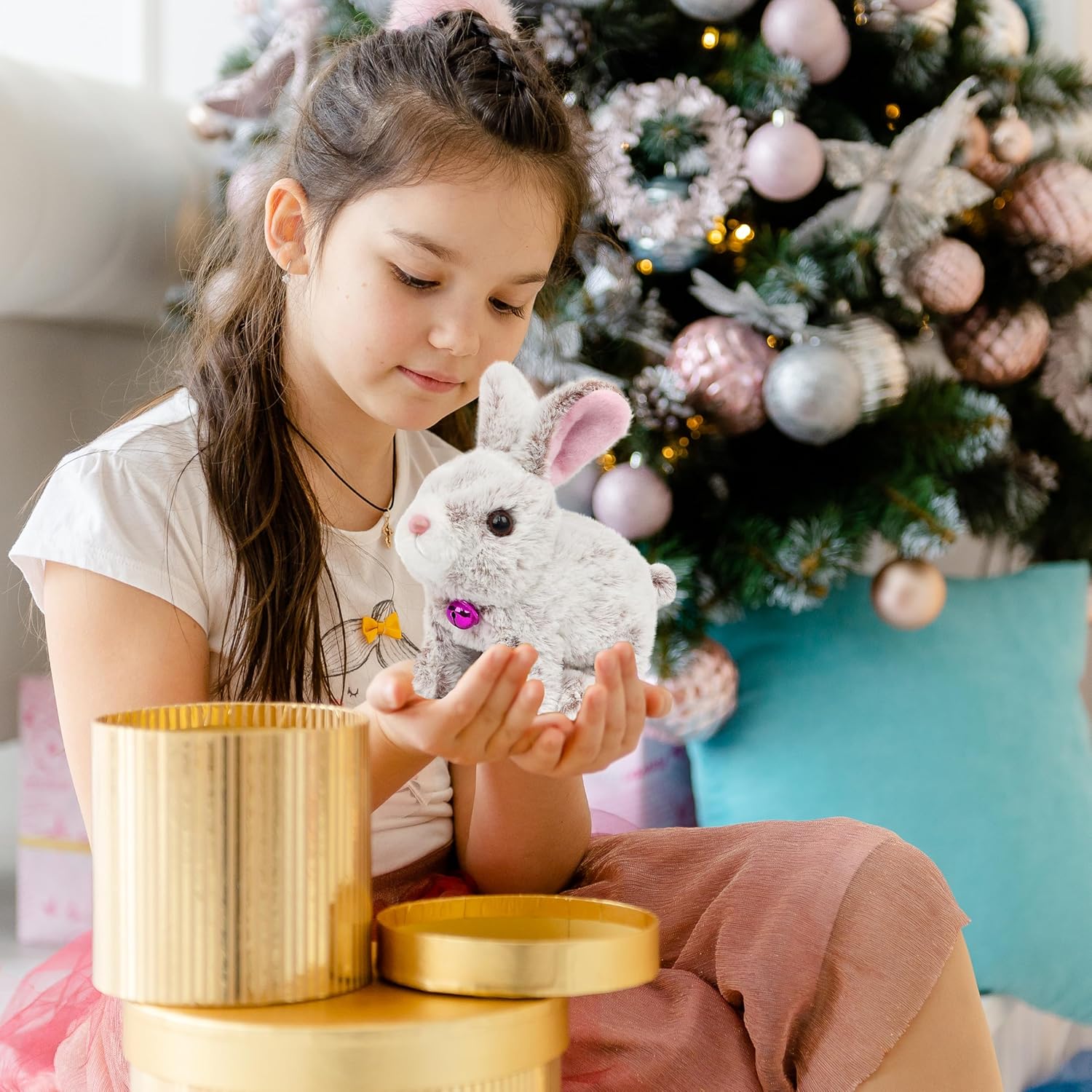 Easfan Hopping Bunny Plush Grey Jumping Spotted Rabbit Ears Nose Moving Educational Plush Toy Interactive Toy Electric for Toddlers Kids